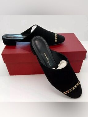 Salvatore Ferragamo Black Suede Muggia Slip-on Mules with Chain Logo Detail 8C